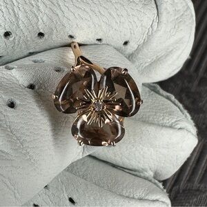 Vianna Brasil Flower Ring 18K Rose Gold Smokey Quartz Diamond Center 0.02CT